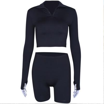 China Breathable Ladies Active Casual Biker Shorts Crop Running Two Piece Women Viable Microfiber Tracksuits Tops Jogger Gym Fitness Sets for sale