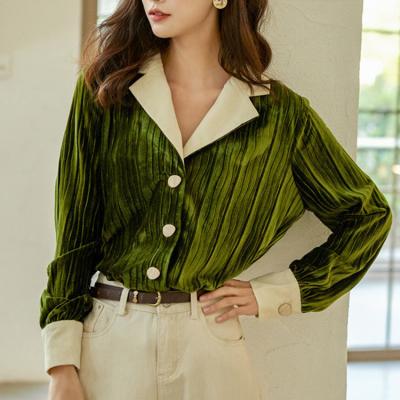 China Fashion Vintage Breathable Plus Size Ladies Career Office Casual Wear Long Sleeve Velvet Shirts Pleated Velvet Blouse For Women for sale