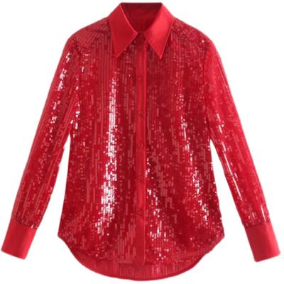 China Breathable Fashion Ladies Office Wear Casual Elegant Club Party Wear Sequin Tops Long Sleeve Plus Size Shirt Red Blouse For Women for sale