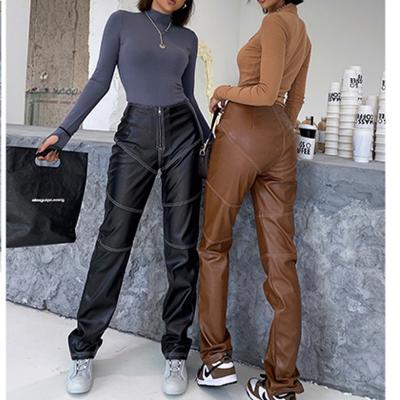 China Anti-wrinkle Ladies Plus Size Fashion Casual Cargo Female Faux Leather Pants High Waist Straight Leg Pants For Women for sale