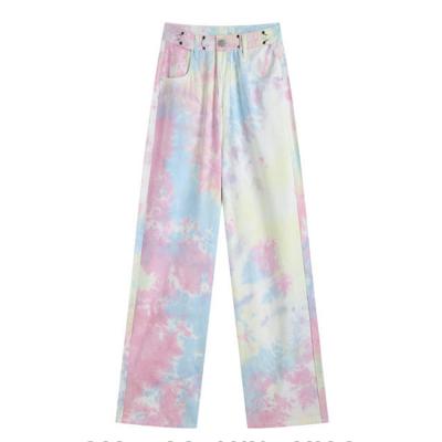 China Colorful Ladies Breathable Rainbow Tie Dyed High Waist Straight Wide Leg Jeans Denim Pants For Women for sale