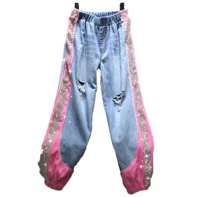 China Street Wear Breathable Casual Women Loose Joggers Pants With Rhinestones Splicing Elastic Waist Jeans Denim Blend Pants for sale