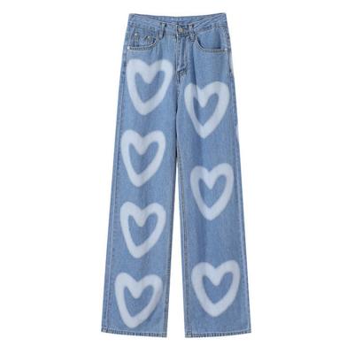 China Breathable High Waist Heart Shape Wash Light Blue Straight Wide Leg Bleached Female Denim Pants Jeans For Women for sale