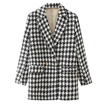 China Ladies Career Office Breathable Casual Stylish Wear Plus Size Houndstooth Tweed Blazer Suit Oversized Women's Jacket Coat Outwear for sale