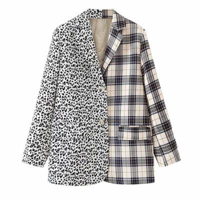 China Designer Casual Plus Size Lady Career Office Wear Breathable Animal Leopard Print Splicing Plaid Checks Blazer Suit Women Oversized Jacket for sale