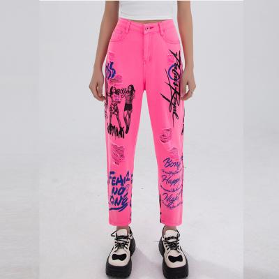 China Summer breathable fashion ladies street style punk graffiti printed casual distressed ripped pants jeans loose trousers for women for sale