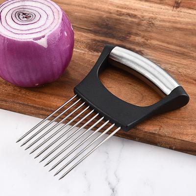 China Onion Viable Holder Kitchen Instrument Stainless Steel Handle Onion Needle Plastic Onion Inserter Meat Needle for sale