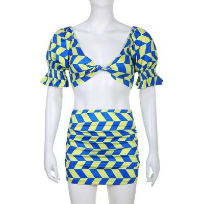 China Anti-static Western and European women fashion ladies two-piece set lattice collision color ling suit hollowed out low cut sexy blouse and e for sale