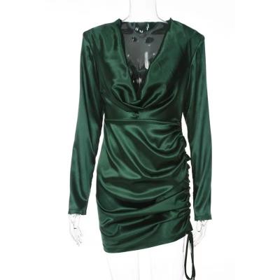 China Classic High Quality Anti-Static Women's High Personality Shiny Dress Chest Deep V Swing Collar Long Sleeve With Hip Silky Dranstrings for sale