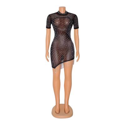 China European women's autumn and summer border anti-wrinkle new and American hot sexy tassel mesh and drill dress for sale