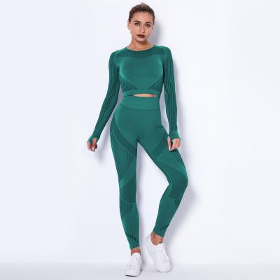 China Women's Breathable Workout Wear 2 Piece Long Sleeve Set Women Ribbed Seamless High Waist Yoga Vest Navel Mesh Tights Sexy Sports Set for sale