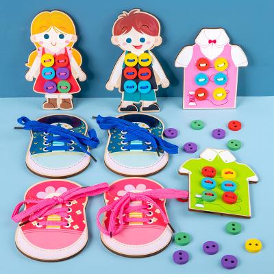 China Flexible Joints Montessori Wooden Laces Teaching Aid Threading and Buttoning Ppractice Kindergarten Toys for sale