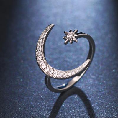 China New Design FASHIONABLE Zircon Ring Female Adjustable Ring Open Crescent Star Moon Hexagon Inlaid for sale