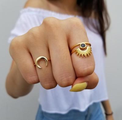 China 18K Gold Plating Stainless Steel TRENDY Bohemian Sunflower Rings Black Agatewomen Rings Set for sale