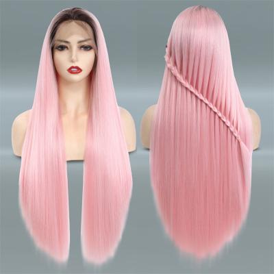 China Hot Pink Silky Straight Body Wave Long Lace Front Synthetic Hair Wigs Heat Resistant Fiber Synthetic Lace Front Wigs For Women Daily Wear for sale