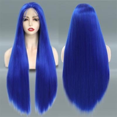 China Hot Sale Private Label Body Wave Long Blue Synthetic Hair Wigs Pre-Plucked Full Lace Wigs Virgin Hair Wigs For Black Women for sale