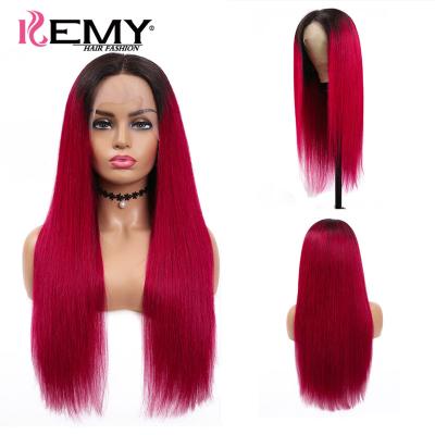 China KEMY Straight Lace Bandage Colored Remy Brazilian Ombre Burgundy Pre Plucked Straight Lace Wig 180% Hair Wigs 4*13 Bob Wig For Women for sale