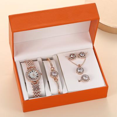 China Non-specific fashion luxury necklace rings bracelets stud earring set watch set women 5pcs female quartz wristwatch with box for sale