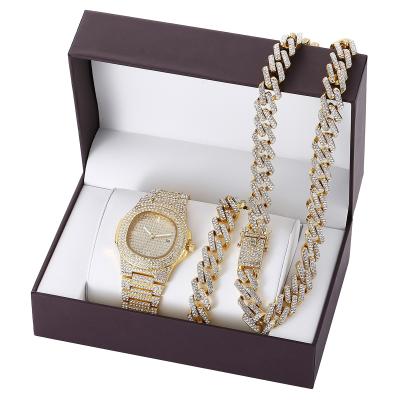 China Luxury Water Resistant Jewelry Gold Plated Hip Hop Cuban Chain Men Bracelet Necklace Cubic Zircon CZ Miami Cuban Chain Necklace Watch Sets for sale