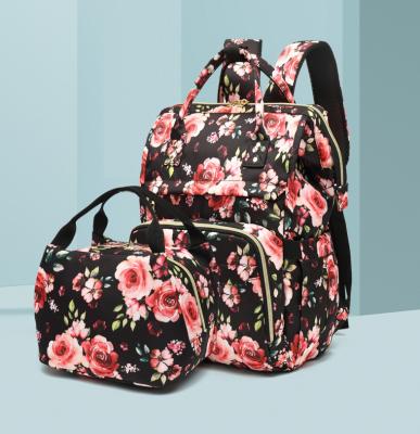 China With New Design USB Flower Printing Casual Laptop Backpack Mom Backpack Waterproof Nylon Lunch Bag Set for sale