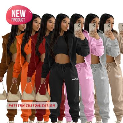 China Women's Matching Breathable Apparel Winter 2022 Hoodie Cotton Tracksuit Three Piece Tank Top Cropped Jogger Pants Set 3pc Outfit for sale