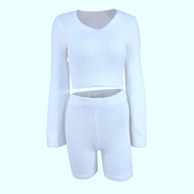 China Fashion Plush Breathable Casual V-Neckline Cropped Women's Fashion Design Sweater Short Sleeve Set Two Piece Flare Top Pants for sale