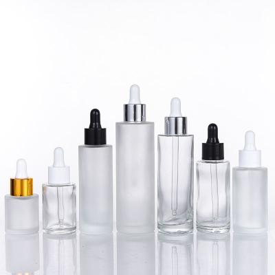 China Eco-friendly Reuseable 20ml 30ml 50ml 100ml Flat Shoulder Clear Frosted Glass Essential Oil Dropper Bottle With Pipette/Dropper Bottle for sale