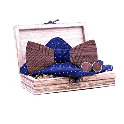 China Fashion Novelty Business Party Handmade Bow Tie Handkerchief Wooden Cufflink Set With Gift Box For Men for sale