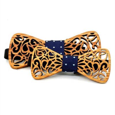 China Fashion New Design Colorful Hollow Out Cutout Wedding Party Wooden Bow Tie Set For Men And Kids for sale