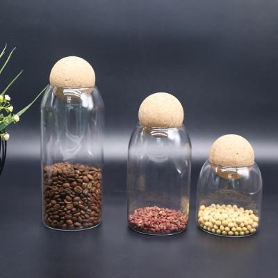 China Wholesale Viable Clear 3pc Piece Coffee Food Glass Canister Kitchen Storage Bottle Airtight Jars Set With Round Cork Wood Lid for sale