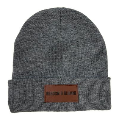 China OEM COMMON Color Acrylic Simple Solid Gray Winter Keep Warm Knitted Hat With Custom Designer Logo Patch Leather Beanie for sale