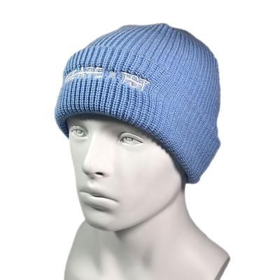 China OEM Design OEM Design Amazon Winter Sale Front Hat Custom White Blue Thick Embroidery COMMON Acrylic Warm Unisex Knit Beanie for sale