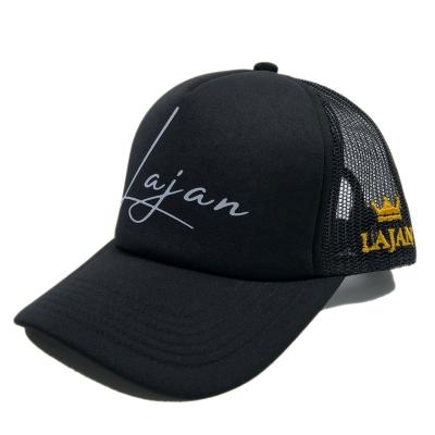 China OEM COMMON fashion black polyester 5 panel gorras mesh hat with printing silk embroidery your own design foam trucker hat custom logo for sale