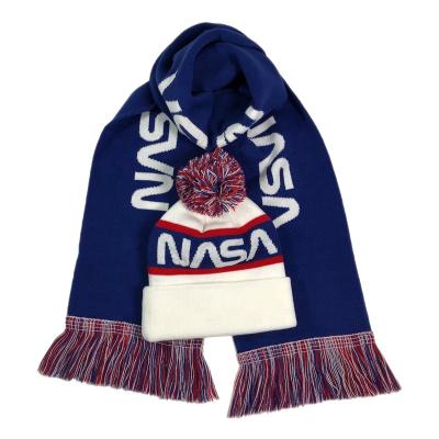 China Comfortable OEM Football Team High Quality Unisex Navy Winter Pompom White Beanie Scarf Set Custom Logo Jacquard Acrylic Knitted Scarves for sale