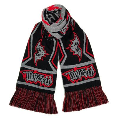 China Comfortable OEM high quality unisex red black winter bobble beanie warm scarves set with jacquard football team design custom knit scarf for sale