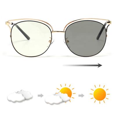 China Hot Selling Amazon Design Anti Round Women Retro Italian Round Metal Frame Blue Photochromic Glasses for sale