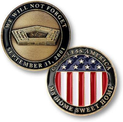 China Europe Custom Design God Bless America Double Side Never Forget Antique 911 Enamel Metal Challenge Coin for sale