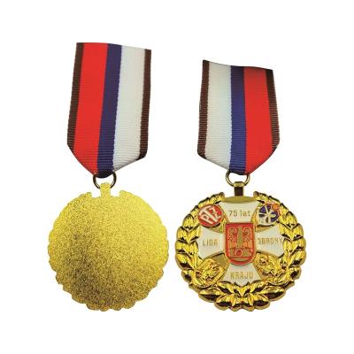 China Europe Custom Design Metal Die Casting Antique Sweet Enamel Poland Gold Award Medal Brooch Pin For Honor With Short Lanyard for sale