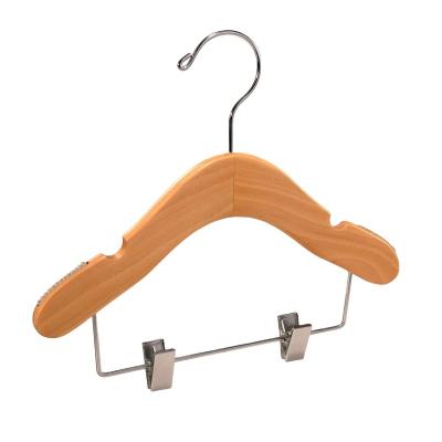 China Minimalist Slim Wooden Baby Clothes Hanger Mobile Pants Hanger Wooden Rack With Aluminum Clip Natural Wood Designed For Kids for sale