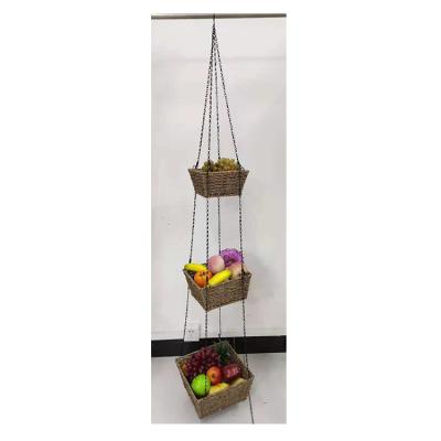 China Rustic Garden Fence Woven Plant Flower On The Wall Vegetable Plankton 3 Tier Hanging Fruit Basket With Hook for sale