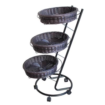 China Wholesale Plastic Supermarket Shop Store 3 Tier Metal Fruit And Vegetable Supermarket Basket Rattan Storage Display Baskets With Wheels for sale