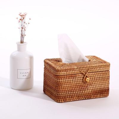 China Modern Handmade Rattan Craft Desktop Napkin Holder Restaurant Rectangular Tissue Paper Dispenser Box for sale