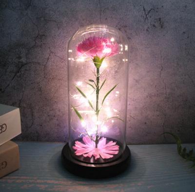 China Fashional Artificial Flowers Teacher's Day Gift Forever Flowers Single Carnations Pink Preserved Carnations in Glass Dome for sale