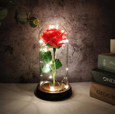 China Wholesale Fashional Artificial Flower Festival Gifts Led Rose Flower Everlasting Red Rose in Glass Dome for sale