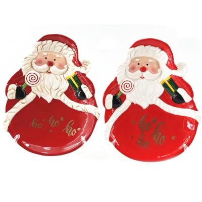 China Sustainable hotsale handprinting christmas santa plates ceramic dinnerware santa dishes for sale