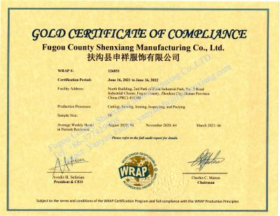 China 80-90% cotton casing (GOLD) certificates - Shenxiang Service Good Quality Competitive Price Top Fashion Apparel Manufacturer for sale