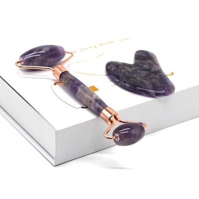 China Whitening Whosale Dropshipping Purple Amethyst Beauty Massager Jade Face Roller Gua Sha Sha Set for sale