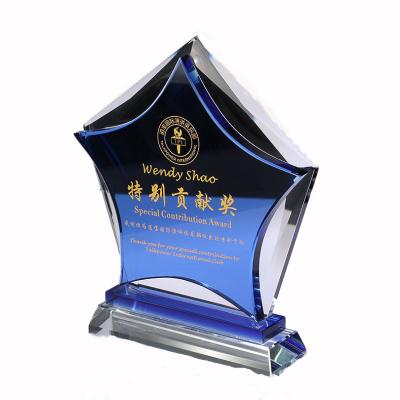 China Acute Europe China Five Star Custom Carved Crystal Trophy For Enterprise School Excellent Sports Competition Blue Glass Award for sale