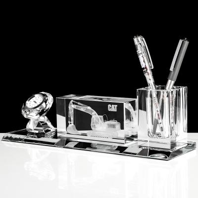 China Europe Wholesale Crystal Glass Office Stationery Desk Set With Pen Holder Clock Name Card Holder for sale