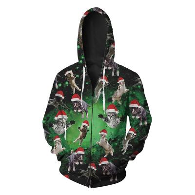 China Breathable Christmas Men's Cat Print Oversized Custom Cardigan Fashionable Zipper Sweater for sale